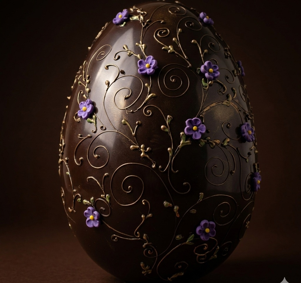 Giant handmade dark chocolate Easter egg with hand-piped flower decorations — 32cm tall — Dangerous Chocolate, Rotorua NZ